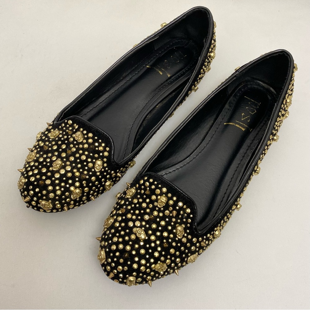 Posh Skull Studded Embellished Black Ballet Flat Womens Shoes 7.5